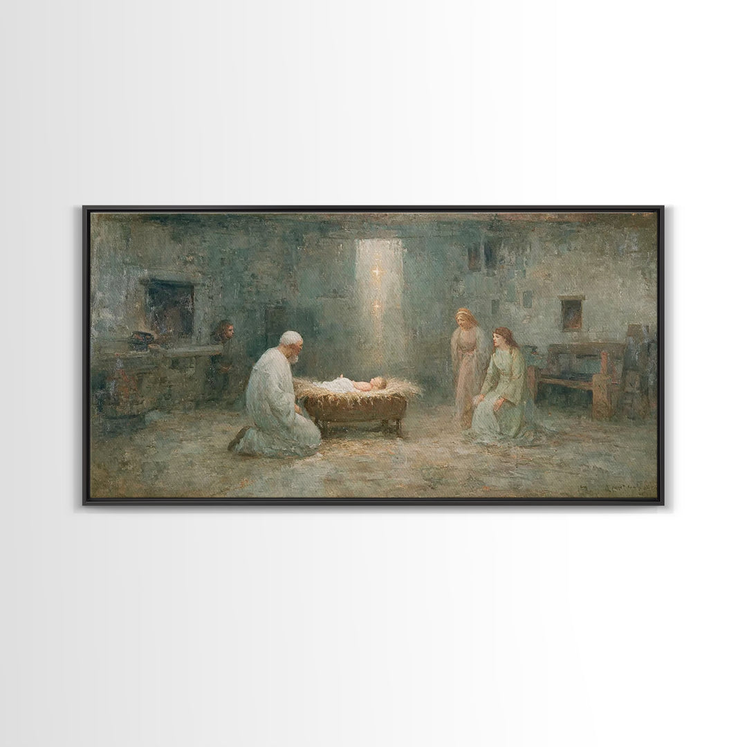 Nativity Reverence, Framed Canvas Print, Christian Paintings, Vintage Christian Art, Christian Wall Art, Christmas Art Framed