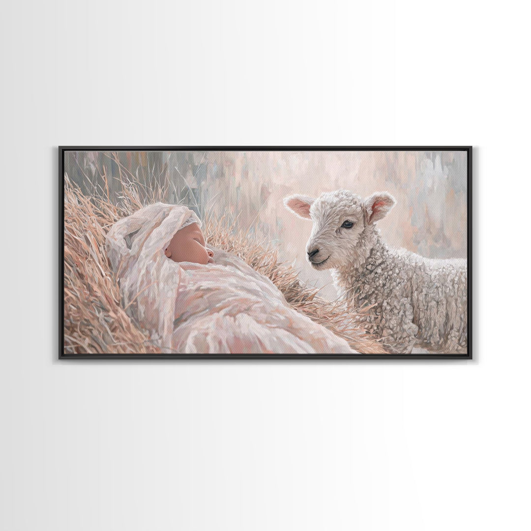 Lamb and Child – Framed Canvas Print – Jesus Painting – Christian Wall Art – Christian Art Canvas – Christian Christmas Art – Christian Dec