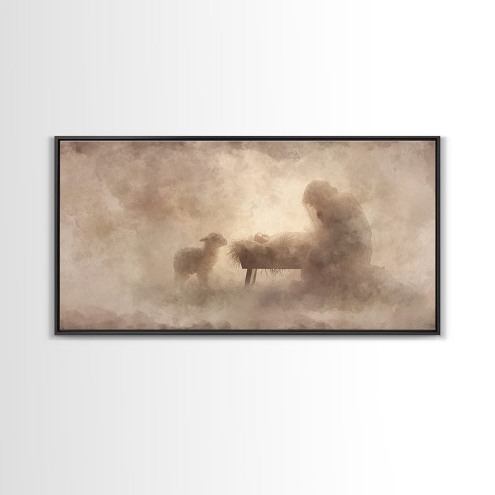 Holy Night Serenity, Framed Canvas Print, Christian Wall Art, Christian Art Canvas, Jesus Painting, Christian Christmas Art