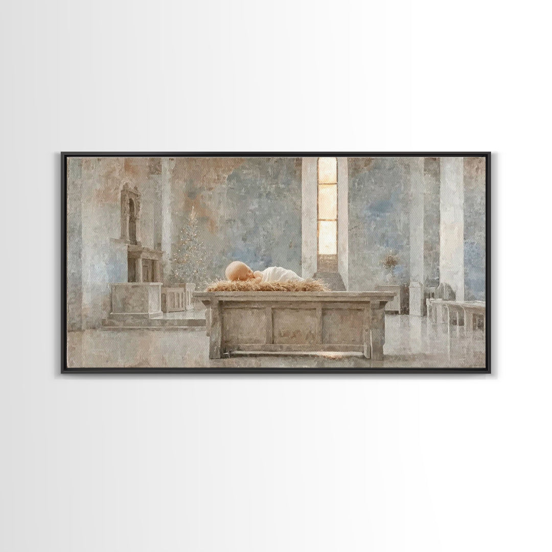 Sanctuary Manger Stillness | Framed Canvas Print | Christian Wall Art | Christian Art Canvas | Christian Christmas Art | Christmas Wall Art