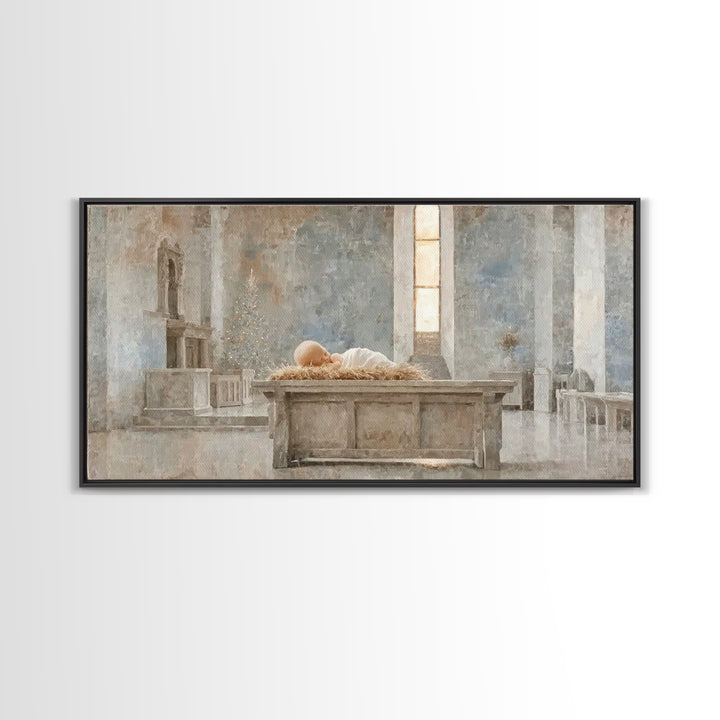 Sanctuary Manger Stillness | Framed Canvas Print | Christian Wall Art | Christian Art Canvas | Christian Christmas Art | Christmas Wall Art
