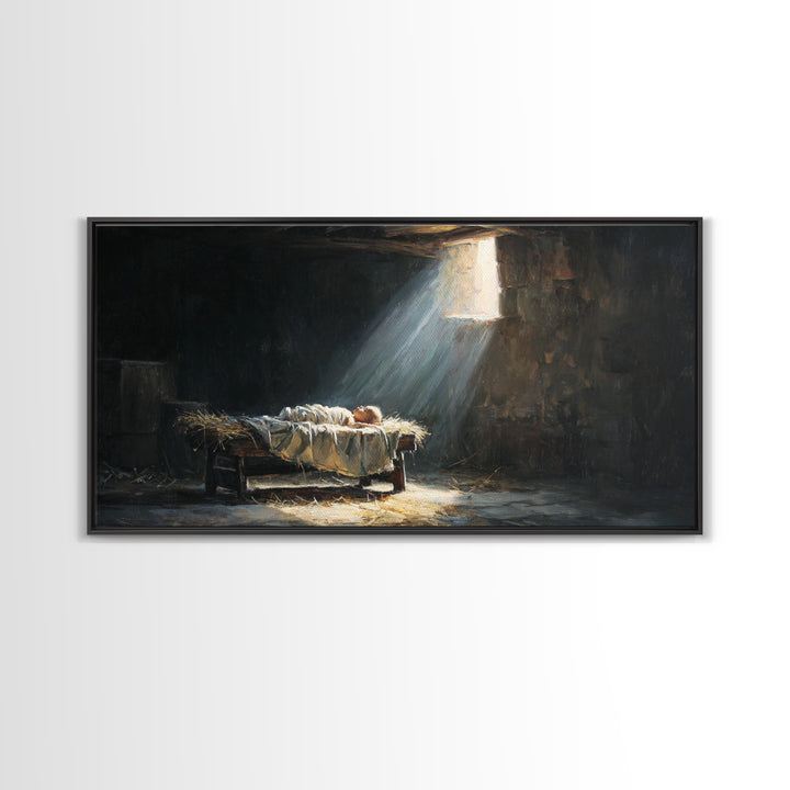 Manger Light Dawn | Framed Canvas Print | Christian Christmas Art | Christian Art Canvas | Christian Wall Art | Birth Of Jesus Painting | C