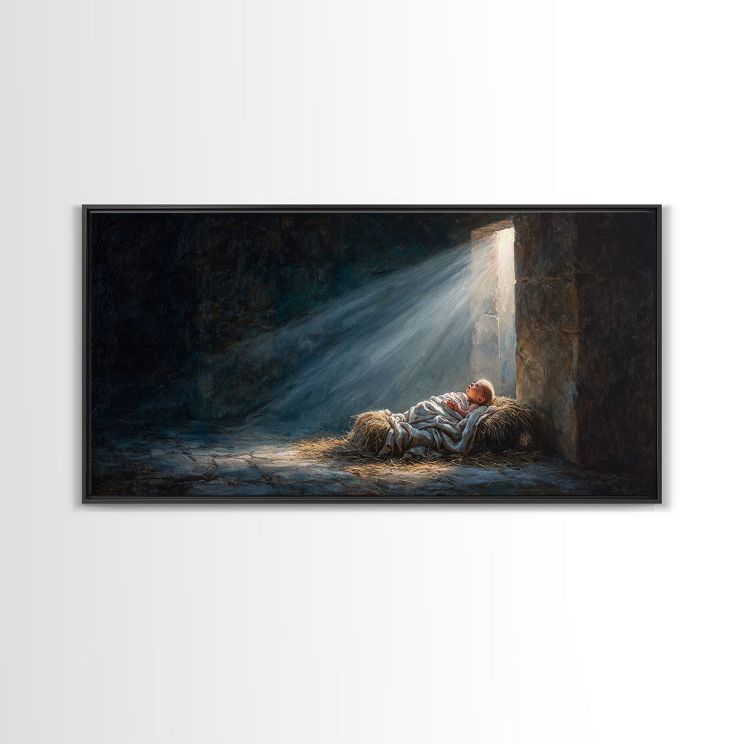 Manger Light Peace – Framed Canvas Print – Christian Art Canvas – Christmas Wall Art – Jesus Painting – Christian Christmas Art – Christian