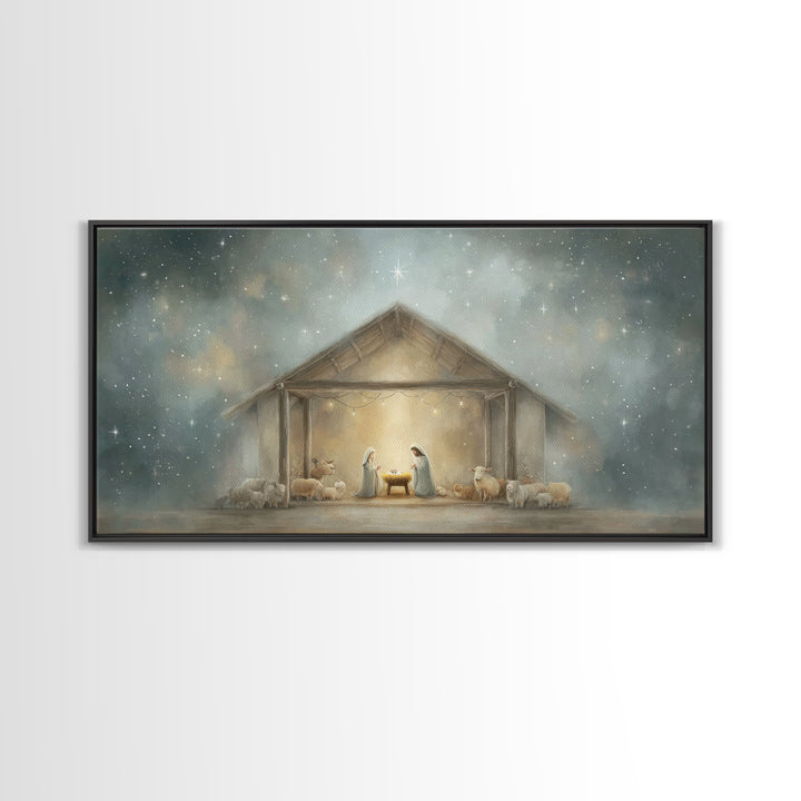 Holy Night Shelter – Framed Canvas Print – Christian Christmas Art – Framed Christmas Wall Art – Christian Art Canvas – Christmas Art Work