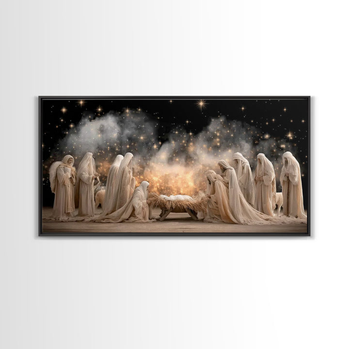 Angelic Midnight Glow – Framed Canvas Print – Christian Art Canvas – Jesus Painting – Christmas Art – Christian Christmas – Christian Decor