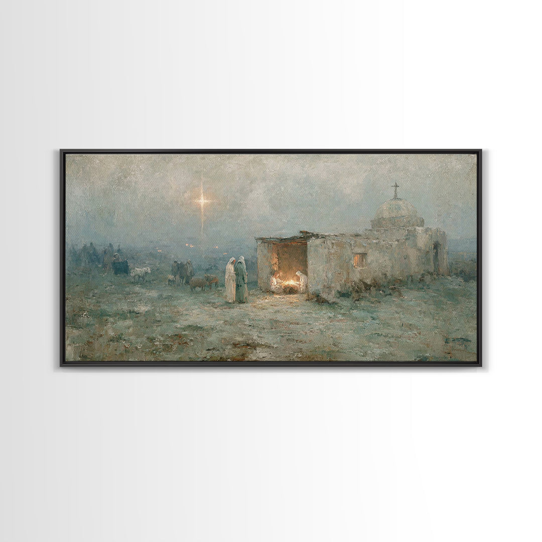 Sacred Night Refuge – Framed Canvas Print – Christian Art Canvas – Jesus Painting – Christmas Art – Christian Christmas – Christian Decor