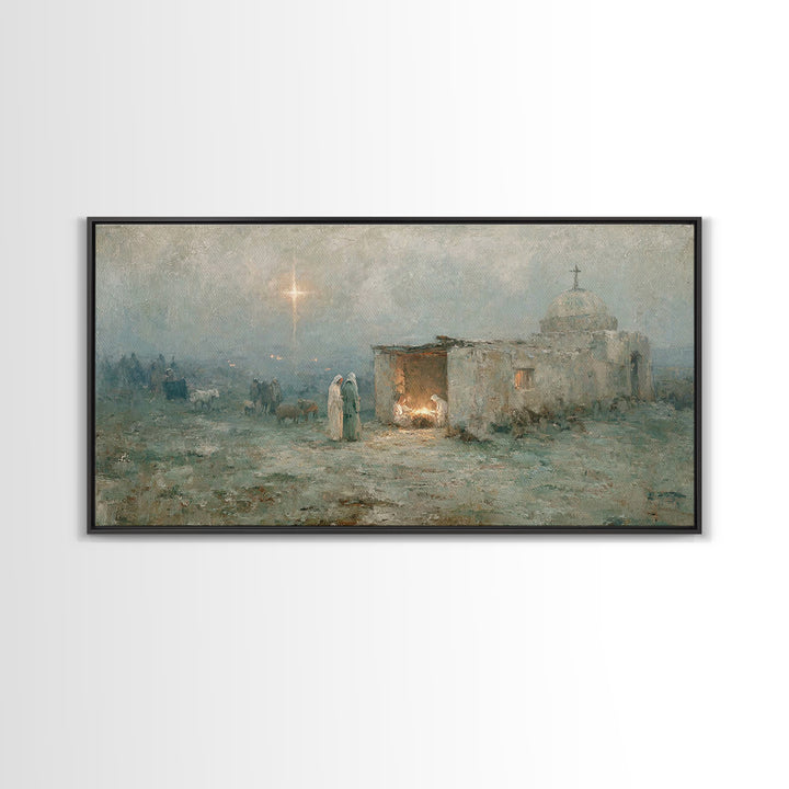 Sacred Night Refuge – Framed Canvas Print – Christian Art Canvas – Jesus Painting – Christmas Art – Christian Christmas – Christian Decor
