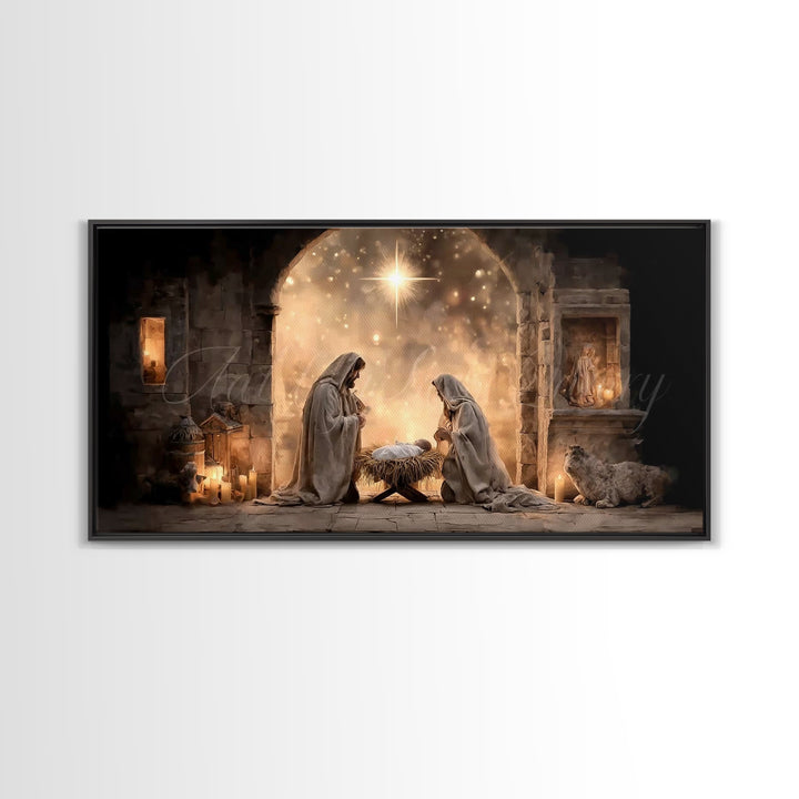 Radiant Manger Hope – Framed Canvas Print – Christian Christmas Art – Christian Art Canvas – Jesus Painting – Framed Christmas Art – Christ