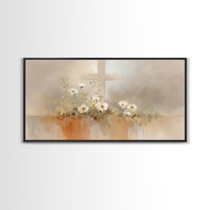 Peaceful Cross Light – Framed Canvas Print – Christian Wall Art – Minimalist Christian Art – Christian Art Print – Subtle Christian Paintin