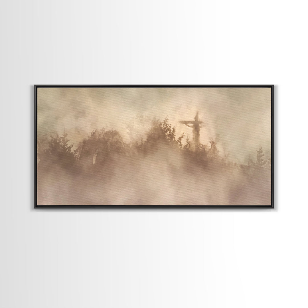 Cross In Mist – Framed Canvas Print – Christian Wall Art – Christian Art Canvas – Christian Art – Moody Christian Art – Christian Christmas
