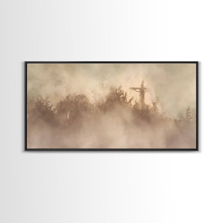 Cross In Mist – Framed Canvas Print – Christian Wall Art – Christian Art Canvas – Christian Art – Moody Christian Art – Christian Christmas
