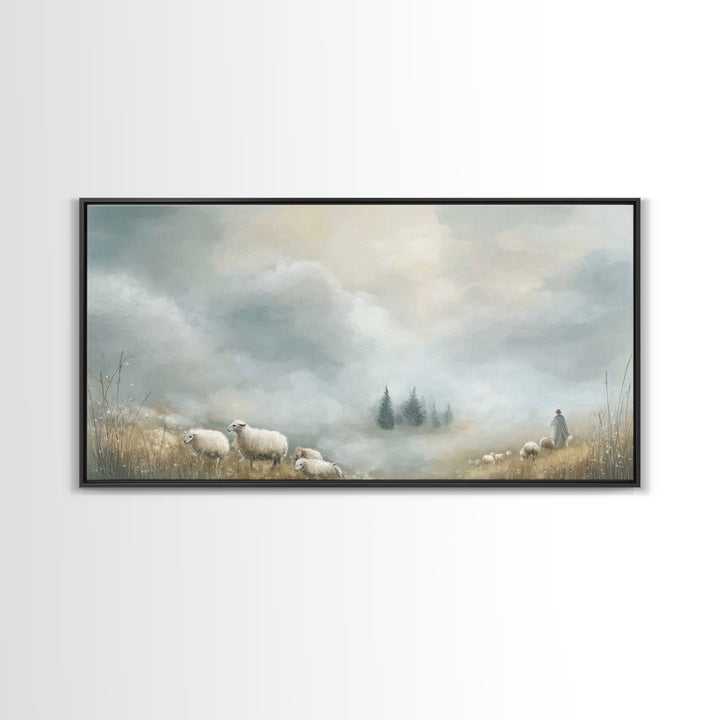 Dawn Meadow Peace, Framed Canvas Print, Christian Art Canvas, Christian Wall Art, Christian Christmas Art, Christian Decor, Jesus Painting