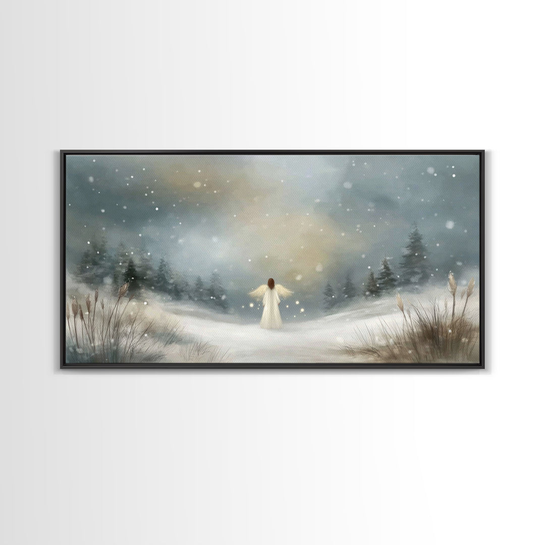 Angel In The Snow, Framed Canvas Print, Christmas Art Prints, Christian Wall Art, Angel Art, Moody Christmas Art