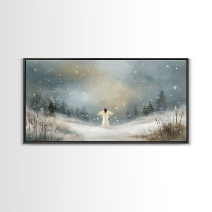 Angel In The Snow, Framed Canvas Print, Christmas Art Prints, Christian Wall Art, Angel Art, Moody Christmas Art