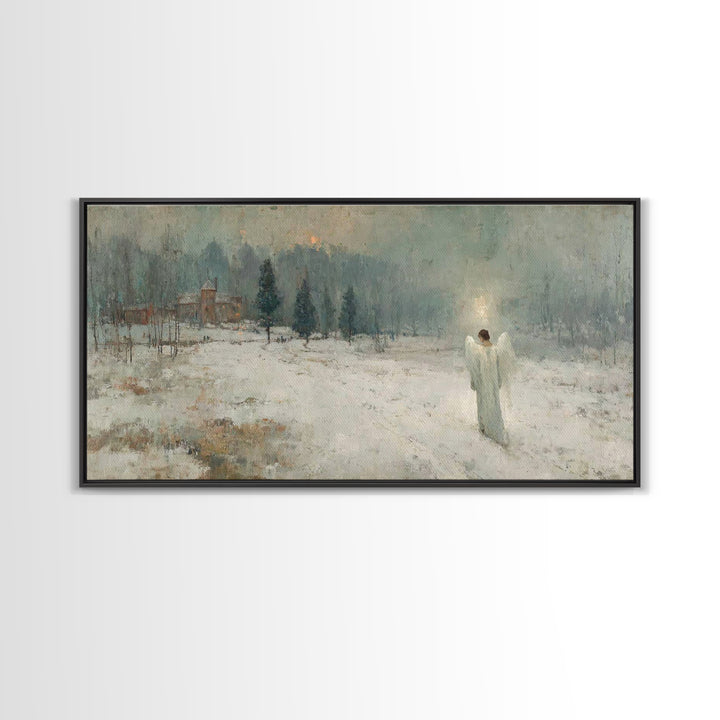 Winter Guardian Light – Framed Canvas Print – Christian Wall Art – Christian Art Canvas – Moody Christmas Art – Christian Christmas Decor –