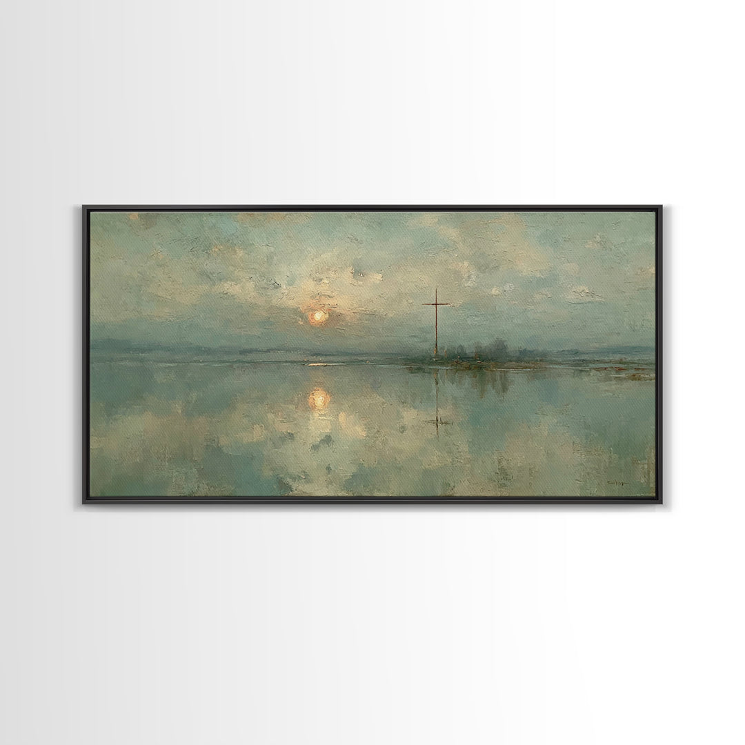 Silent Cross Reflection, Framed Canvas Print, Christian Art Canvas, Moody Christian Art, Christian Wall Art, Christmas Art, Christian Decor