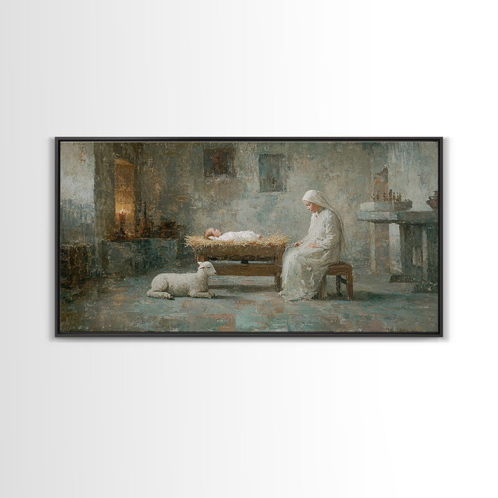 Quiet Manger Peace – Framed Canvas Print – Christian Art Canvas – Christian Wall Art – Christmas Art – Mary And Jesus Painting