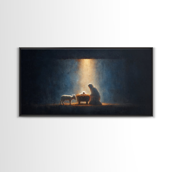 Midnight Manger Glow – Framed Canvas Print – Christian Art Canvas – Christian Wall Art – Jesus Painting – Christmas Art