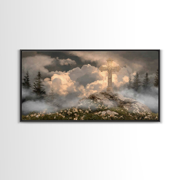 Golden Hill Cross – Framed Canvas Print – Christian Art Canvas – Christian Wall Art – Christian Painting – Large Christian Art
