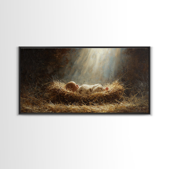 Heavenly Manger Light – Framed Canvas Print – Christian Wall Art – Jesus Painting – Christmas Art – Christian Decor – Christian Christmas A