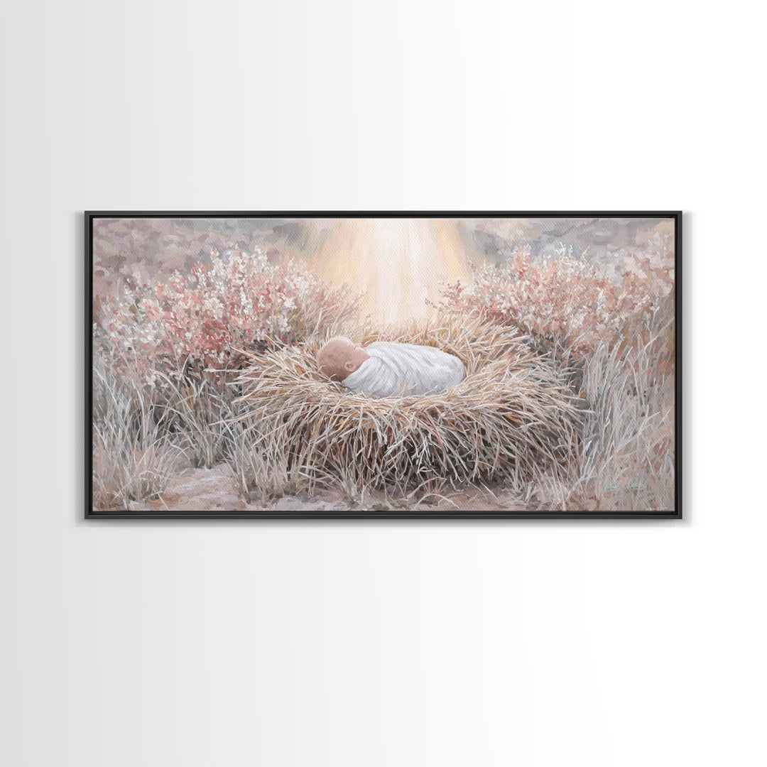 Sacred Straw Cradle – Framed Canvas Print – Christian Art Print – Christmas Art – Christian Wall Art – Jesus Painting – Christian Christmas