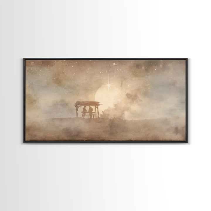 Holy Shelter Night – Framed Canvas Print – Christian Christmas Art – Christian Wall Art – Christmas Art Prints – Jesus Painting – Christian