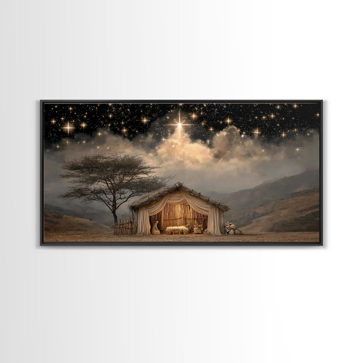 Holy Night Glow, Framed Canvas Print, Christian Christmas Art, Christian Wall Art, Jesus Painting, Christmas Canvas Art