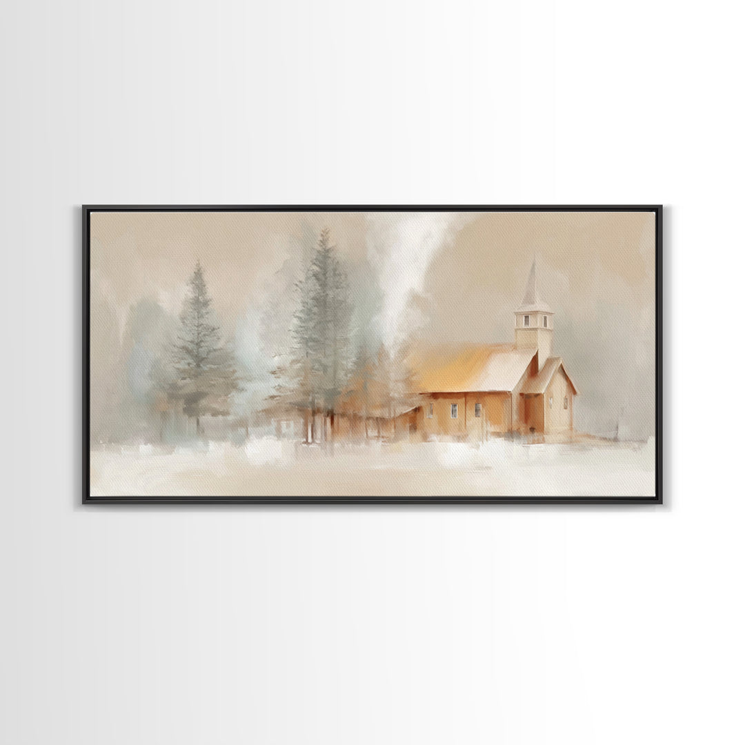 Winter Church Light - Framed Canvas Print - Christian Wall Art - Christmas Art - Christian Art Work - Christian Decor