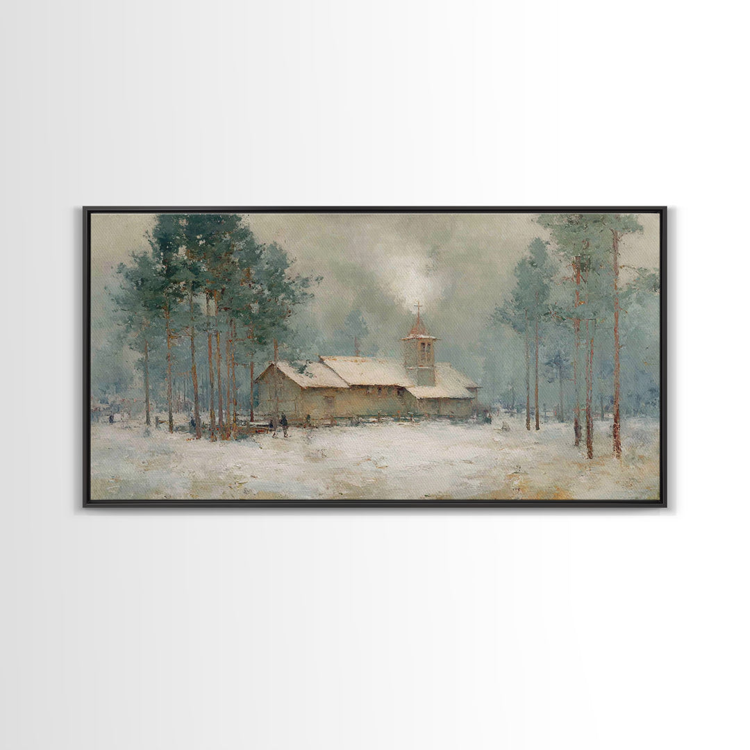 Snowy Pine Chapel | Framed Canvas Print | Christian Wall Art | Christmas Canvas Wall Art | Christian Art Gift | Winter Christian Art