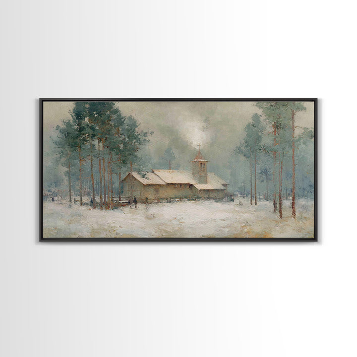 Snowy Pine Chapel | Framed Canvas Print | Christian Wall Art | Christmas Canvas Wall Art | Christian Art Gift | Winter Christian Art