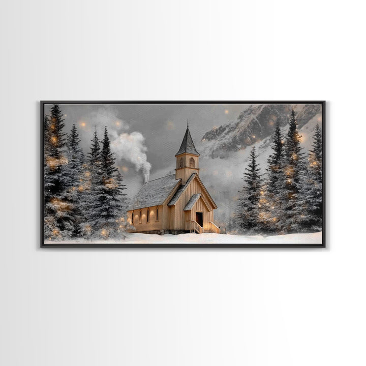 Mountain Chapel Glow - Framed Canvas Print - Christian Wall Art - Christian Christmas Art - Christmas Wall Art - Christian Decor