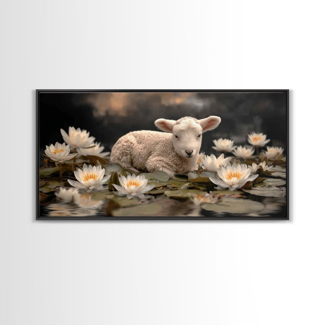 Still Waters Lamb – Framed Canvas Print – Christian Art Print – Christian Wall Art – Christian Art Canvas – Vintage Christian Art – Christi