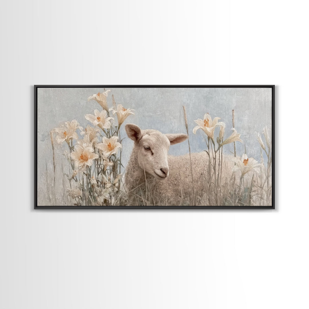 Morning Lily Lamb – Framed Canvas Print – Christian Art Canvas – Christian Art Print – Christian Wall Art – Subtle Christian Art – Christia