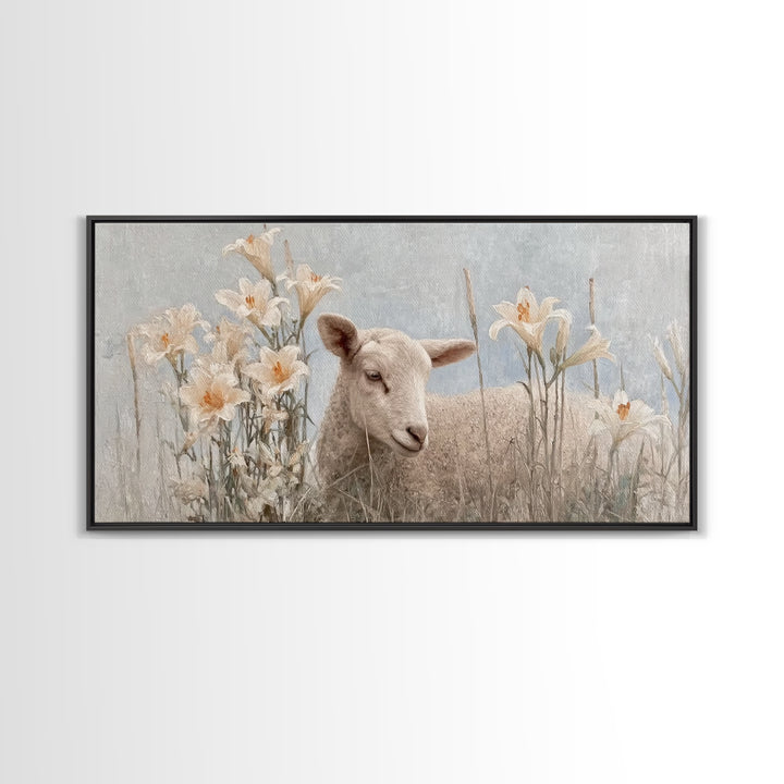 Morning Lily Lamb – Framed Canvas Print – Christian Art Canvas – Christian Art Print – Christian Wall Art – Subtle Christian Art – Christia