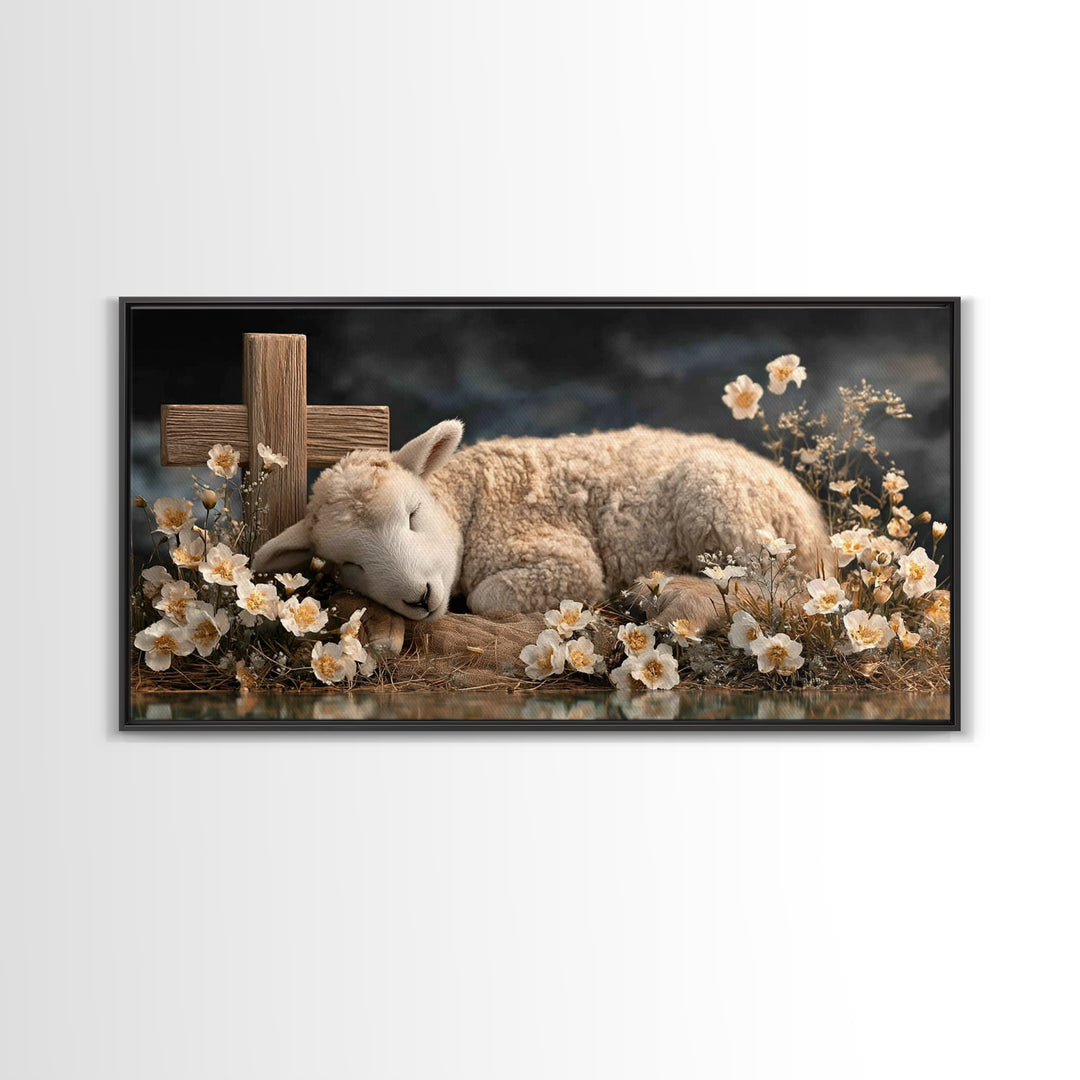 Heavenly Lamb – Framed Canvas Print – Christian Wall Art – Christian Art Canvas – Jesus Painting – Pastoral Scenery – Christian Christmas A