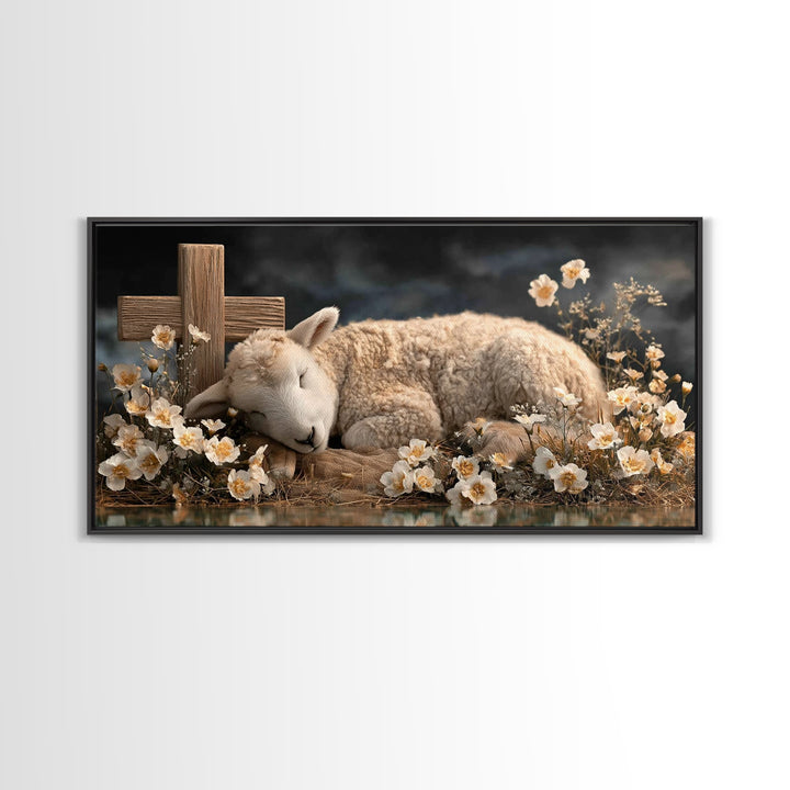 Heavenly Lamb – Framed Canvas Print – Christian Wall Art – Christian Art Canvas – Jesus Painting – Pastoral Scenery – Christian Christmas A