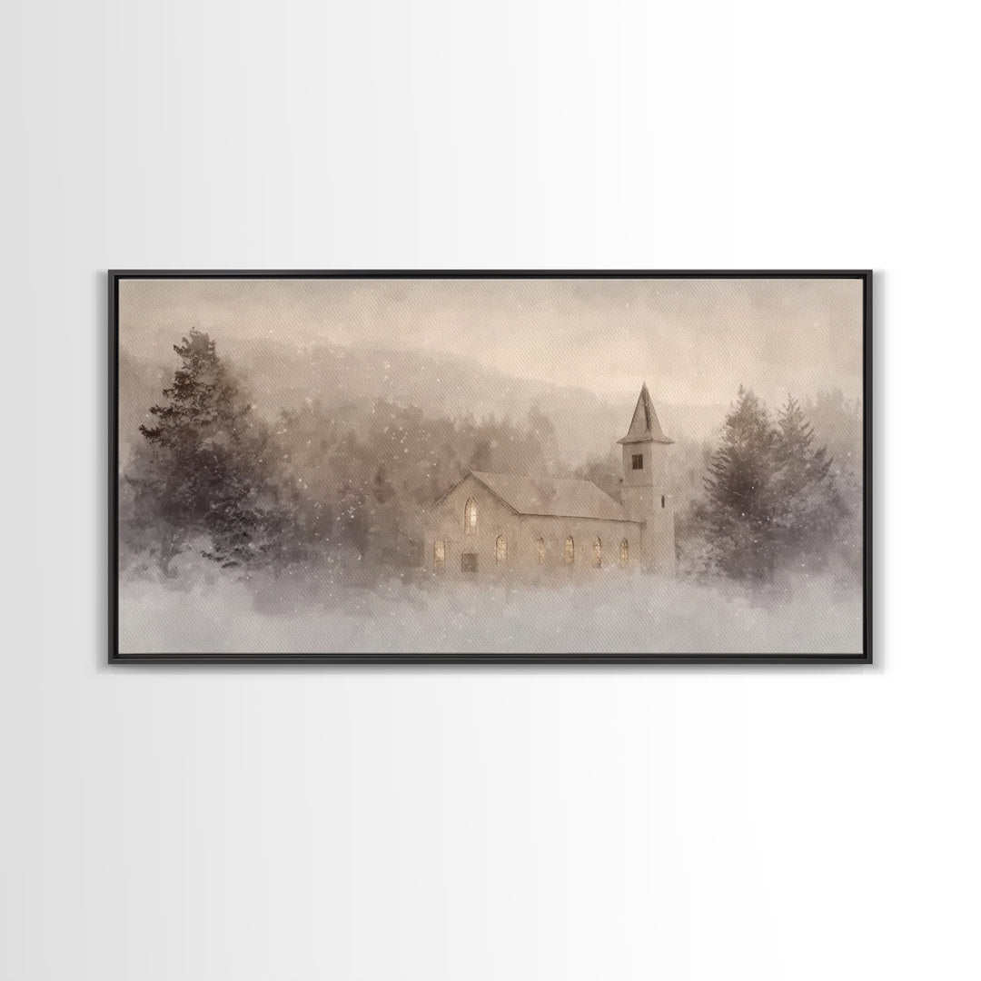 Snowy Chapel – Framed Canvas Print – Christian Christmas Art – Christian Art Canvas – Christmas Wall Art – Christian Paintings – Christian