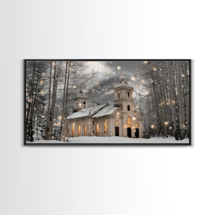 Evergreen Church – Framed Canvas Print – Christmas Wall Art – Christian Art Canvas – Framed Christmas Wall Art – Christian Christmas Art –