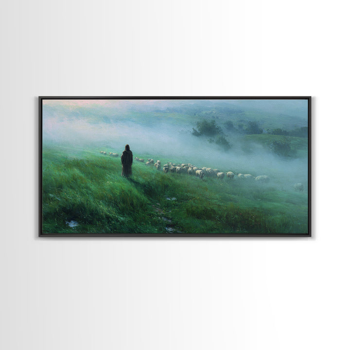 Morning Shepherd – Framed Canvas Print – Christian Art Canvas – Christian Wall Art – Jesus Painting – Christian Art Prints – Moody Christia