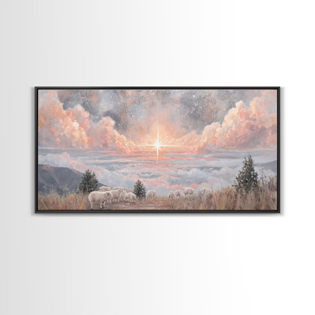 Shepherds’ Field Light – Framed Canvas Print – Christian Christmas Art – Christian Art Canvas – Retro Christmas Art – Christian Decorations
