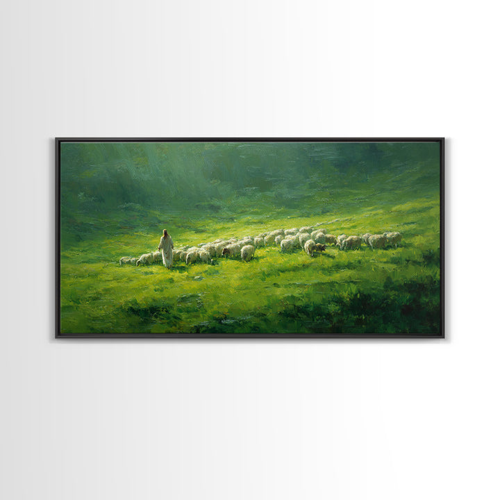 Shepherd’s Calm – Framed Canvas Print – Christian Wall Art – Jesus Painting – Christian Art Canvas – Pastoral Scenery – Christian Christmas