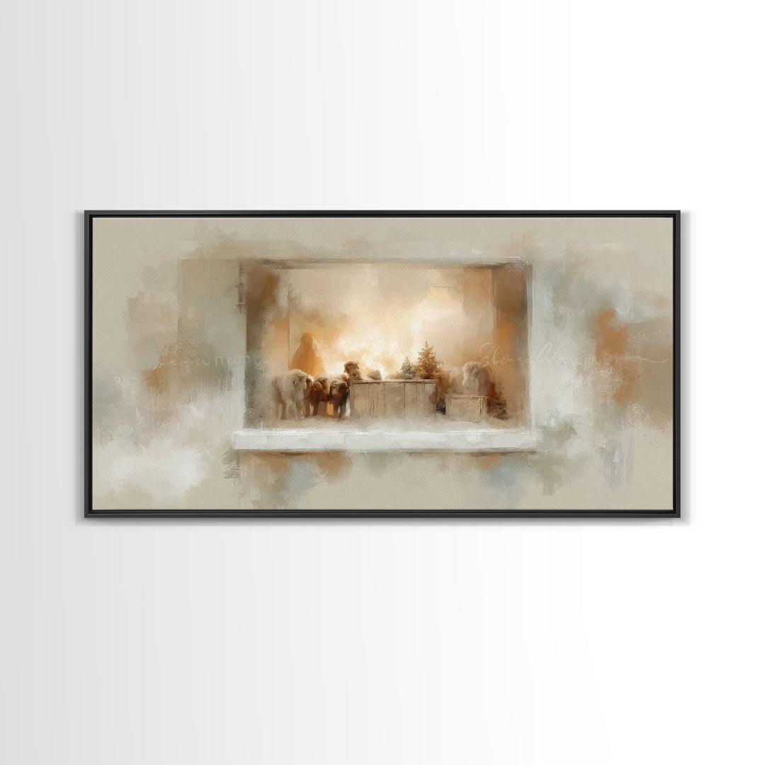 Nativity Window Glow – Framed Canvas Print – Christmas Art – Christian Christmas Decor – Christian Wall Art – Jesus Christmas Art – Christm