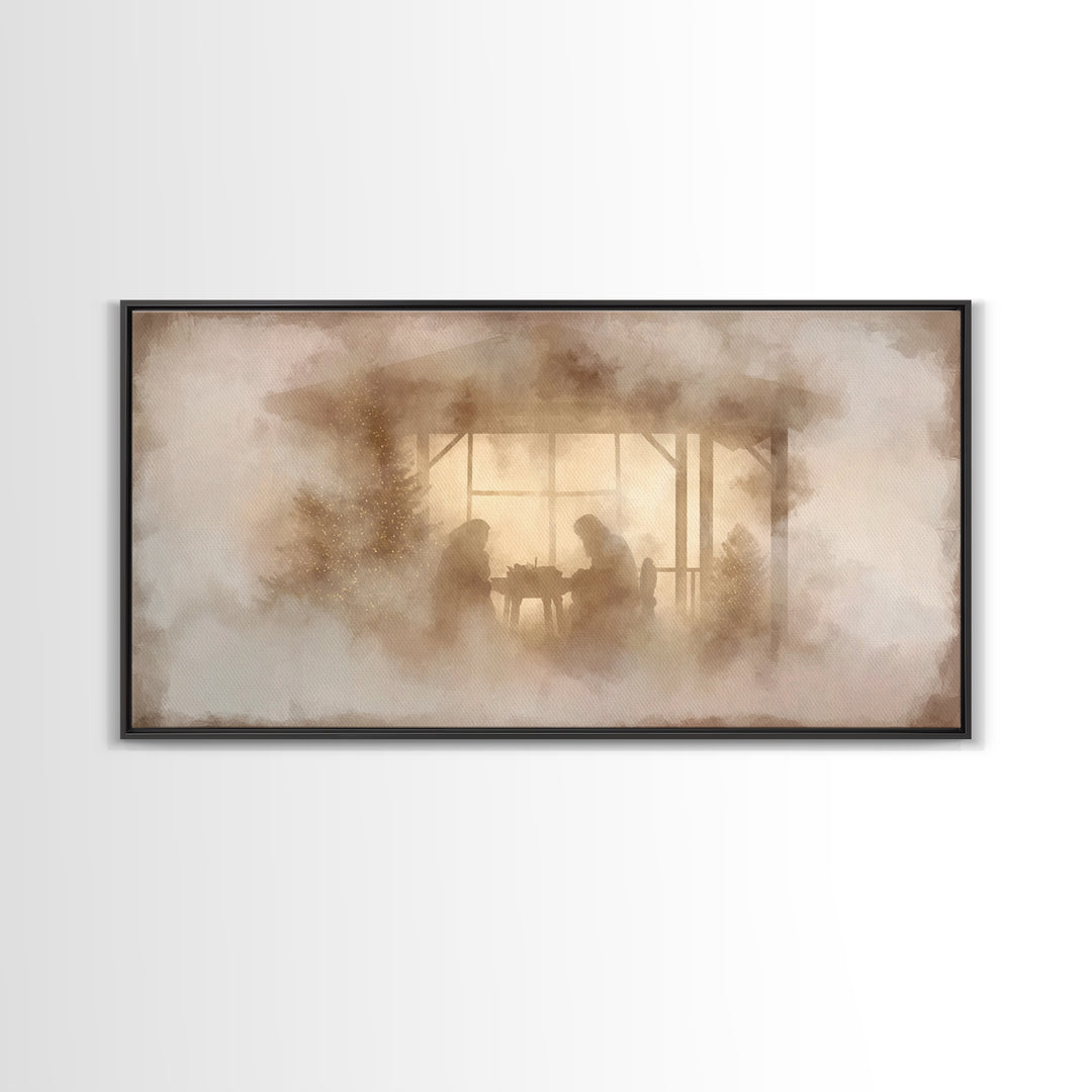 Holy Night Cottage, Framed Canvas Print, Christian Christmas Art, Christmas Wall Art, Christian Art Canvas, Birth Of Jesus Painting, Christ