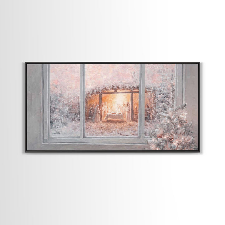 Nativity Through Frosted Glass | Framed Canvas Print | Christian Christmas Art | Christmas Wall Art | Jesus Painting | Christian Art Canvas