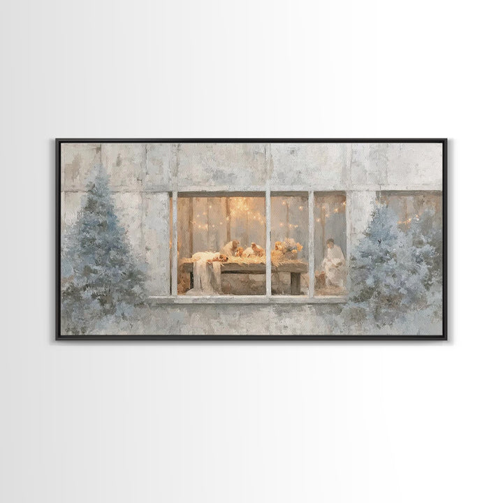 Winter Manger Light – Framed Canvas Print – Christian Christmas Art – Christmas Wall Art – Jesus Painting – Christian Art Canvas – Framed C
