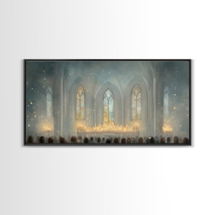 Cathedral Midnight Flame – Framed Canvas Print – Christian Paintings – Christmas Wall Art – Christian Christmas Art – Large Christian Paint