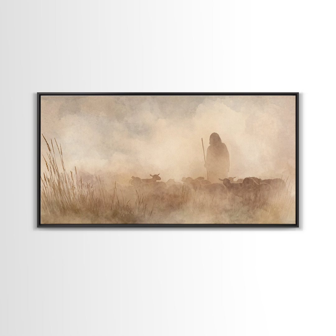 Shepherd In Mist – Framed Canvas Print | Christian Art Canvas | Christian Wall Art | Christian Christmas Art | Christian Art | Jesus Painti