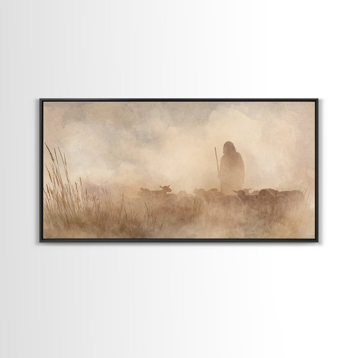 Shepherd In Mist – Framed Canvas Print | Christian Art Canvas | Christian Wall Art | Christian Christmas Art | Christian Art | Jesus Painti