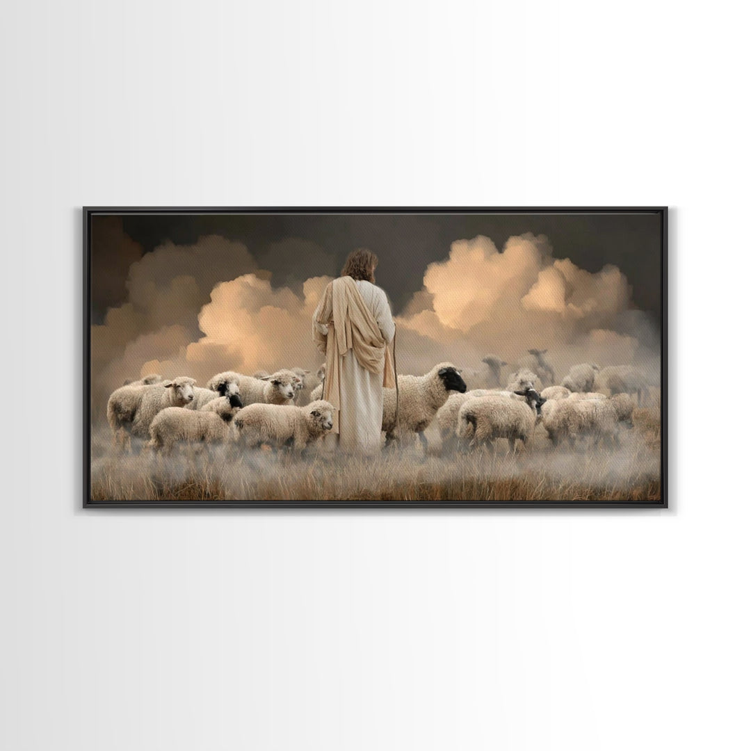 Evening Flock Peace – Framed Canvas Print | Christian Art | Jesus Painting | Christian Art Canvas | Christian Wall Art | Christmas Art