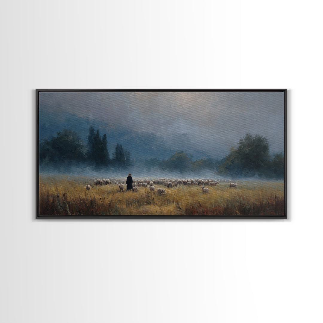 Misty Shepherd Path – Framed Canvas Print, Christian Art Canvas, Christian Christmas Art, Jesus Painting, Christian Wall Art, Christian Art